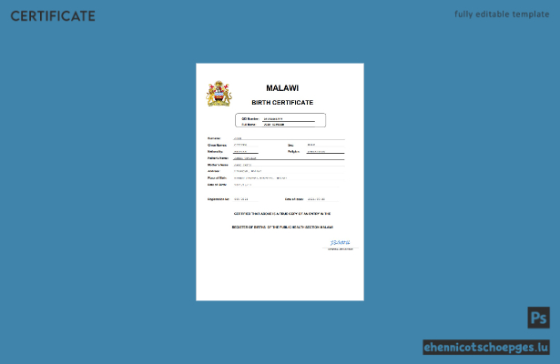 Geburtsurkunde aus Malawi (Word und PDF), vollständig bearbeitbare Beispielvorschau